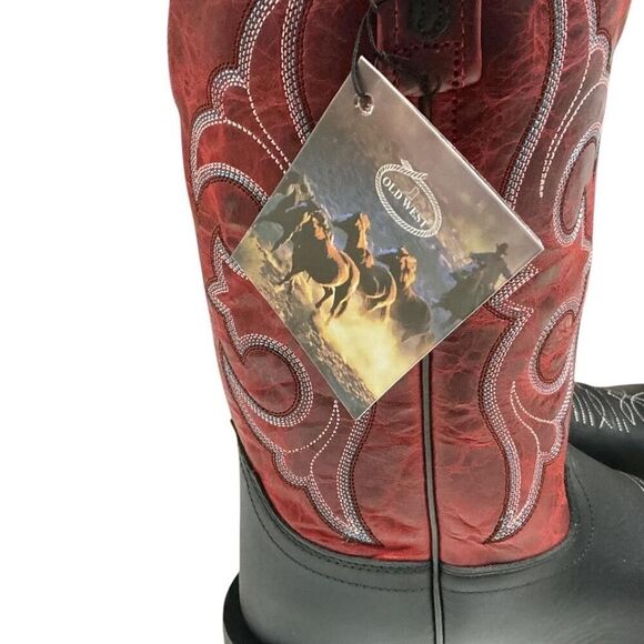 Old West Cowboy Boots Men 7.5 Red Black Leather Square Toe Embroidery Western main image 4